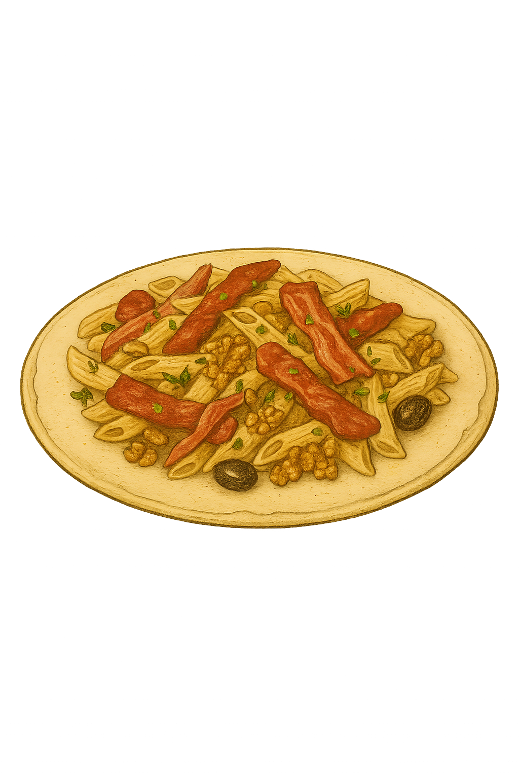 Creamy penne pasta tossed with crispy bacon strips, toasted walnuts, and fresh thyme in a rich cream cheese sauce