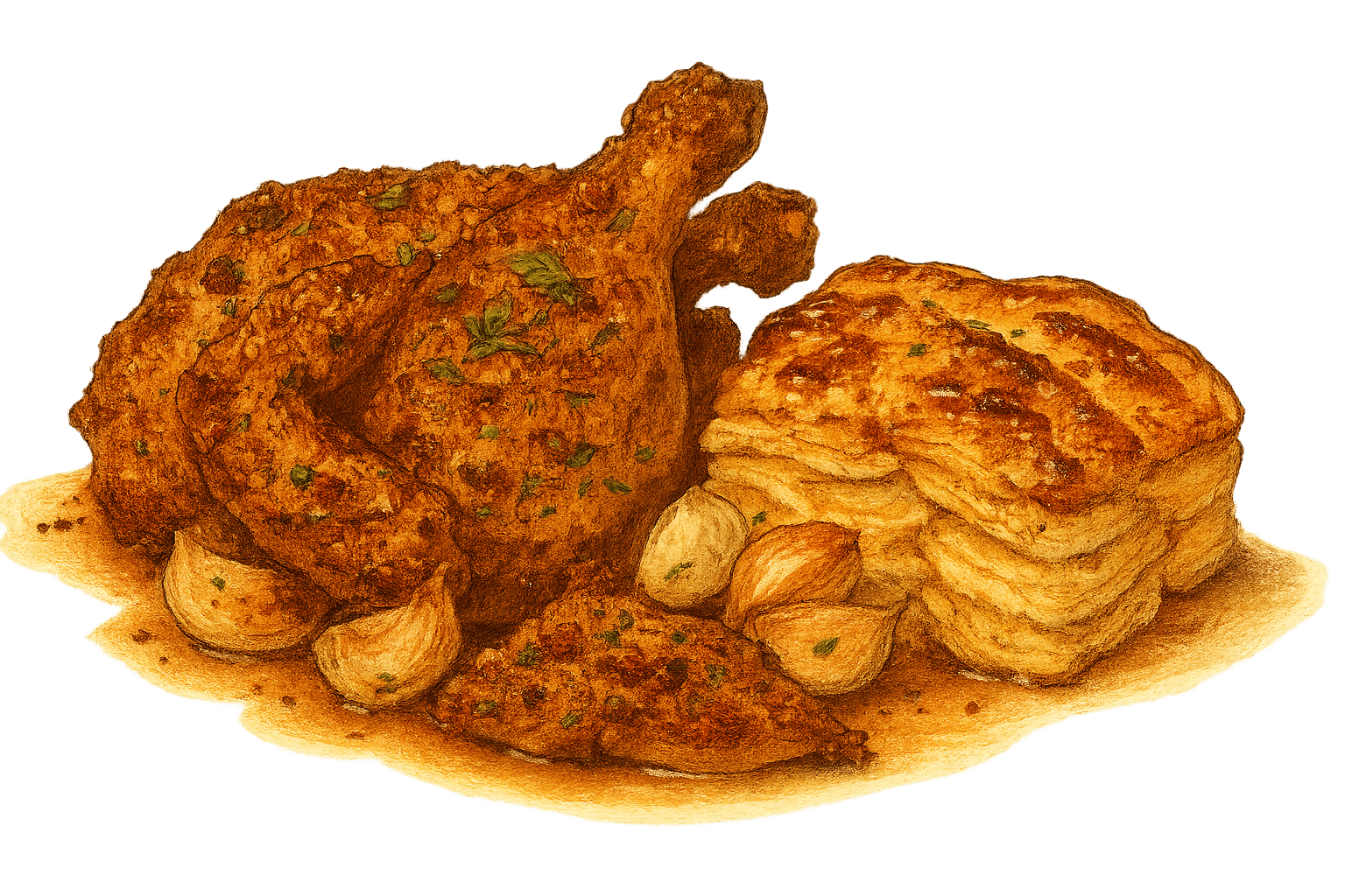 Crispy tomato-herb coated chicken pieces served alongside golden-brown gratin dauphinois with layers of creamy potatoes and melted Gruyère cheese