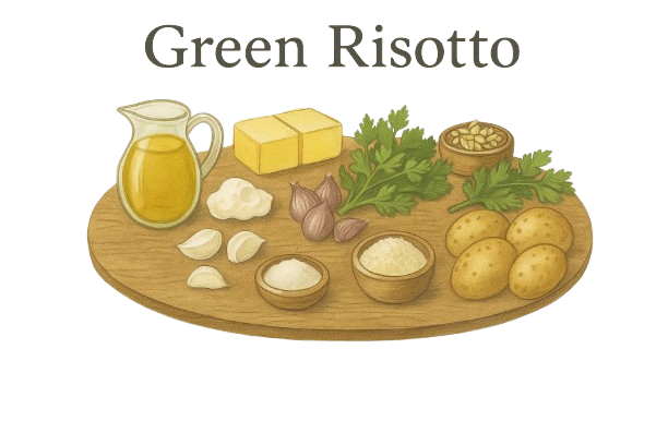 Creamy green risotto with vibrant spring vegetables, Parmesan cheese, and fresh herbs in a white bowl