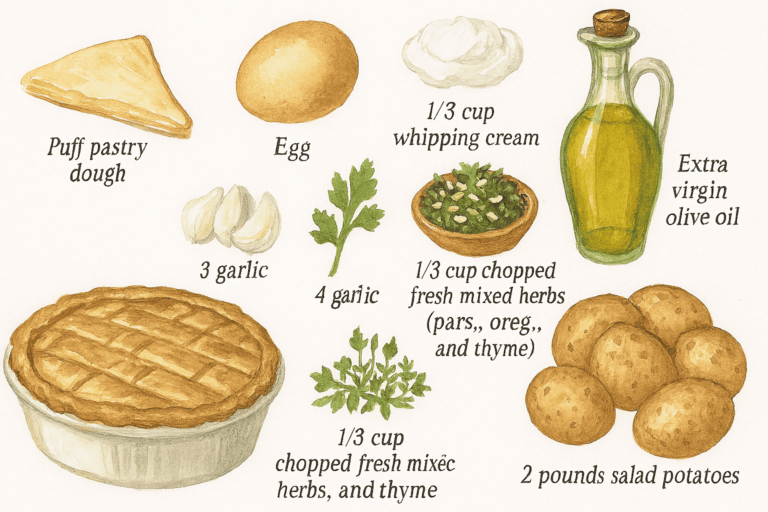 Golden herby potato pie with layers of thinly sliced potatoes, garlic, and fresh herbs encased in crispy puff pastry