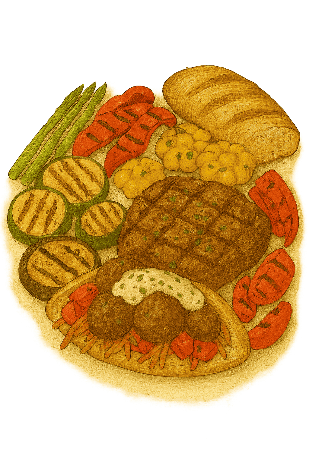 Juicy sirloin steaks broiled with colorful Mediterranean vegetables including eggplant, bell peppers, zucchini, and asparagus, served with rustic crusty bread