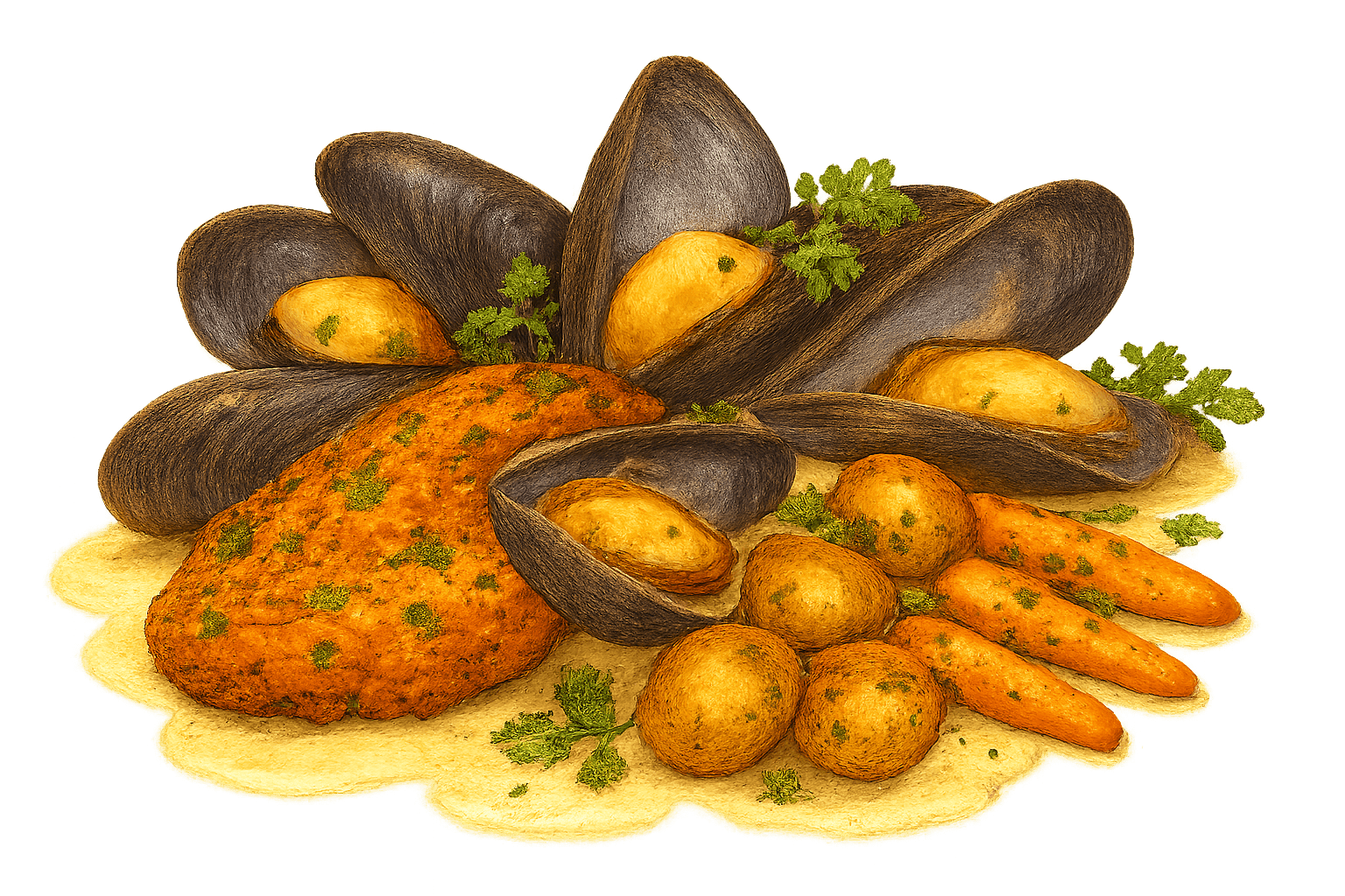 Fresh mussels in a creamy coconut broth with aromatic lemongrass, ginger, and garlic, garnished with fresh cilantro