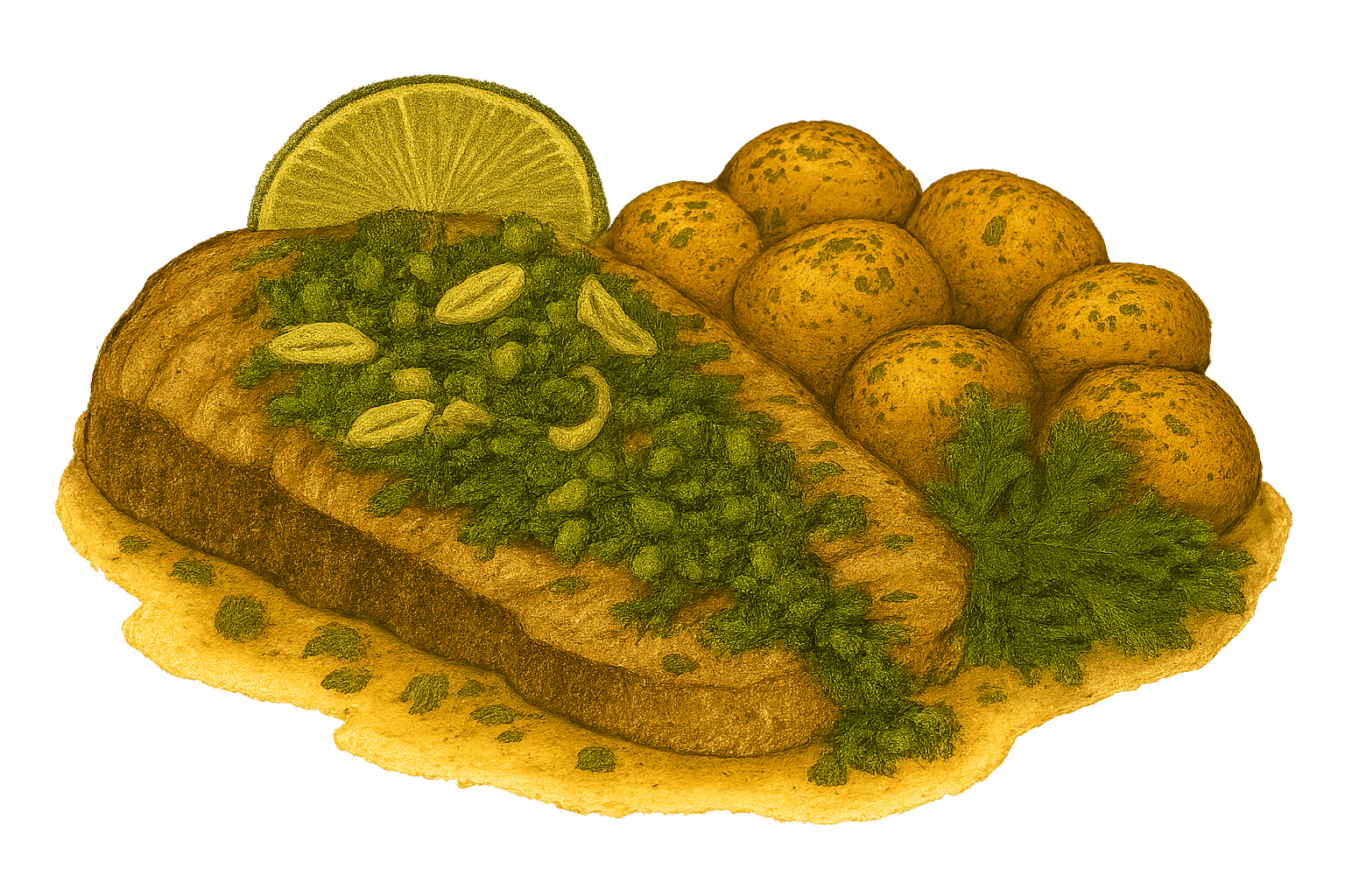 Seared tuna steaks topped with vibrant lime and herb sauce with capers, served alongside steamed baby potatoes